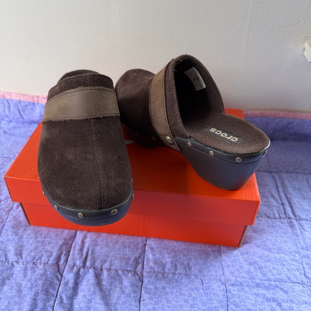 CROCS Brown Suede Clogs with Studded Platform - Picture 2 of 3